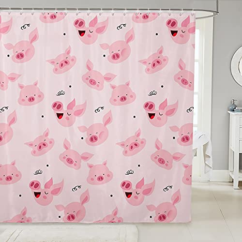 Bonito juego de cortina de ducha de cerdo rosa para niñas, con ganchos, diseño de dibujos animados para niños pequeños, bonita cortina de baño de cerdito, tela impermeable de 72 x 94 pulgadas