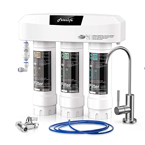 Frizzlife SP99-NEW Sistema de filtro de agua para debajo del fregadero, certificado de 3 etapas de 0,5 micras, elimina el 99,99% de plomo, cloro, cloramina, fluoruro y olores con un delicado grifo