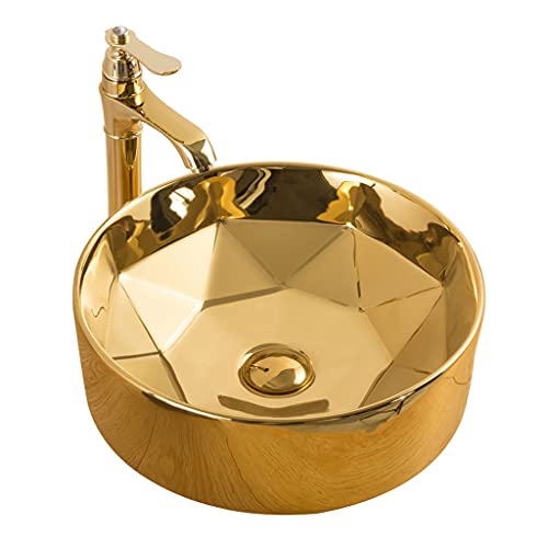 SHENXINCI Lavabo de Baño Redondo sobre Encimera Cerámica Dorado,Lavabo de Cerámica De Estilo Europeo,con Grifería y Desagüe,410x410x150mm,3 Colores