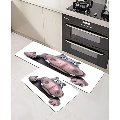 URSOPET 2PCS Alfombras Cocina Goma Alfombra de Baño Ducha,Dibujos Animados Divertido hipopótamo Gordo Africano Animal Africano Vientre,alfombras de Cocina Antideslizantes Lavables