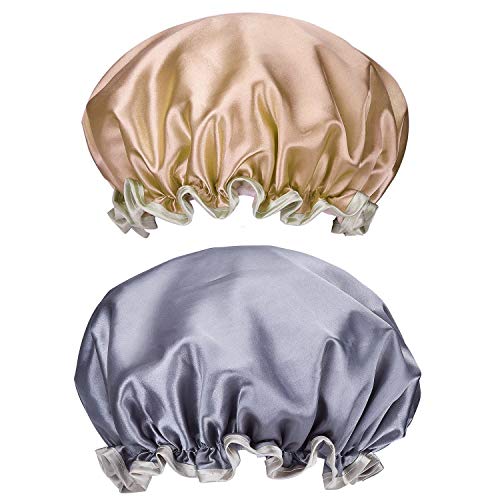 ZARRS Gorros de Ducha Reutilizables,2 Pack Impermeables Gorro de Baño Doble Capa Mujeres Gorros de Pelo Elásticos para Dama Mujer Ducha SPA Salon Rosa +Oro Grande