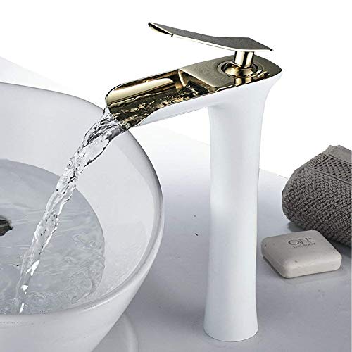 Cascada Grifo Lavabo Grifo Baño del Fregadero Mezclador Monomando, Oro y Blanco