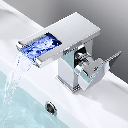 ZYCDP Grifo Lavabo Cascada Led, Mezclador de Agua Fría y Caliente, Grifo para Lavabo con 3 Cambios de Color LED, Mezclador de Baño Monomando Mezclador Latón Chrome, Corto