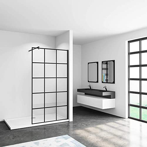 110x200cm Mamparas de ducha pantalla panel fijo estilo industrial negro Mate con cuadrados cristal antical 8mm con Barra 70-120cm