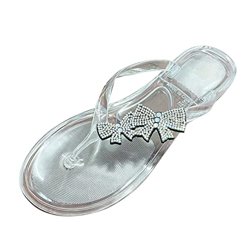 Sandalias para mujer, zapatos de verano, sandalias planas con forma de lazo a la moda, con un pie, sandalias planas y zapatillas de plata, para mujer, claro, 37 EU