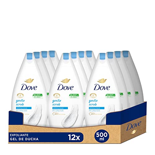 Dove Gel de Ducha Exfoliante Sin Sulfato SLES y Con Hidratantes Vegetales e Ingredientes de Origen Natural, Pack de 12 x 500 ml