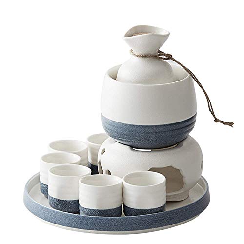 GaoF Juego de 10 Piezas de Sake, Copas de Vino de cerámica Japonesa con Olla y Bandeja calentadoras, Tazas artesanales Tradicionales, para Sake frío/Tibio/Caliente/Shochu/té