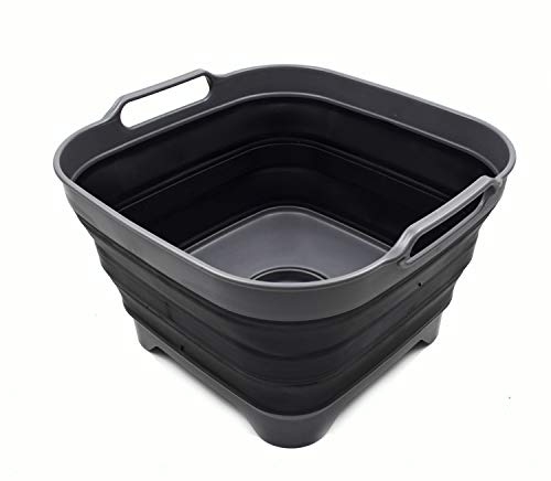 SAMMART Plato plegable de 10 litros con tapón de drenaje, lavabo plegable, bañera portátil, bandeja de almacenamiento de cocina que ahorra espacio (1, gris/negro)