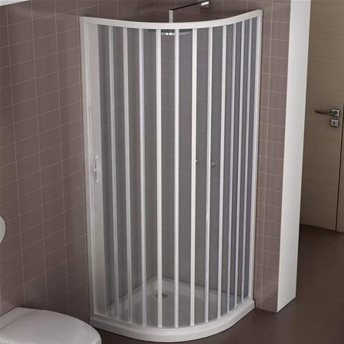 Cabina de ducha de 90 cm modelo Jada extensible de PVC apertura lateral tipo fuelle de color blanco. puerta única con paneles semitransparentes