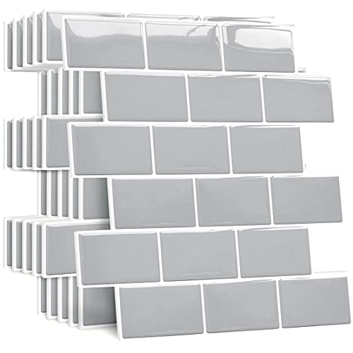 Yoillione Azulejos de pared más gruesos para despegar y pegar, para cocina y baño, azulejos de metro autoadhesivos, adhesivos 3D para pegar en azulejos, gris, 5 hojas