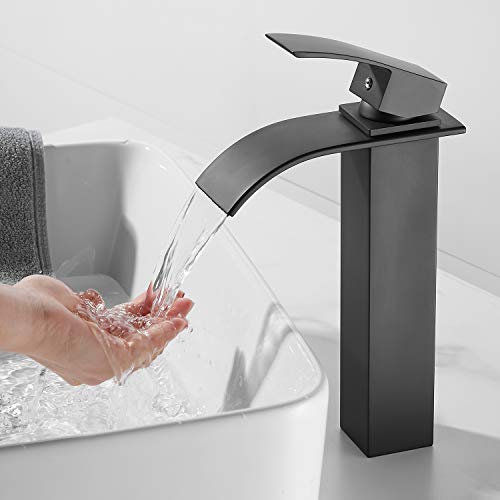 THEEIERCE Grifo de Lavabo Baño, Alto Grifo Lavabo Monomando lavabo Cascada, Fría y Caliente Grifería de Lavabo, Válvula De Cerámica, Agua Fria y Caliente Disponible, Negro Mate