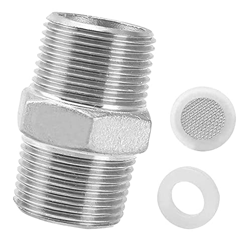 ZHIQIN Conector de doble boquilla de acero inoxidable de 1/2 pulgadas, extensión de manguera de ducha, adaptador de rosca con 1 pieza de aireador de fregadero burbuja, elemento de filtro, 1 juntas