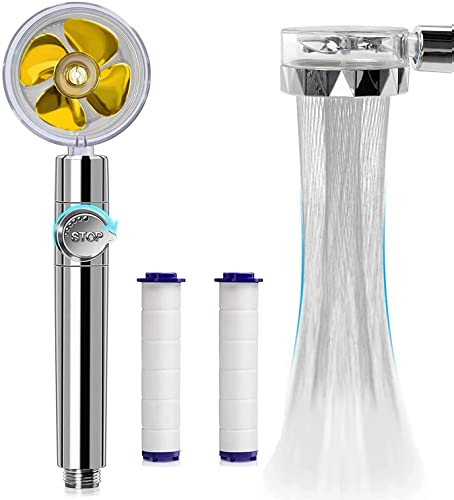 Alcachofa de ducha con filtro de alta presión, con ventilador e interruptor (dorado) y con ventilador de 360 grados