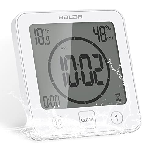 FORNORM Reloj de Baño, LCD Reloj de Ducha Digital Alarma Impermeable Control Táctil Hum / ℉ Temperatura Humedad, Temporizador de Cuenta Regresiva, 3 Métodos de Montaje, Energía de la Batería