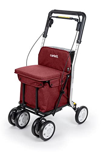 Carlett – Carro de la Compra y Andador con Asiento para Ancianos - Carrito Plegable para Supermercado de 4 Ruedas, con Bolsa Extraíble 29L/15kg – Modelo Comfort, Color Rojo