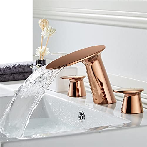 Tuqiu Grifo De Lavabo Grifo De Lavabo De Baño De Oro Cepillado Grifo De Lavabo De Oro Rosa De 3 Agujeros Mezclador De Lavabo De Oro Caliente Y Frío Grifo De Cascada Nuevo,Oro Rosa