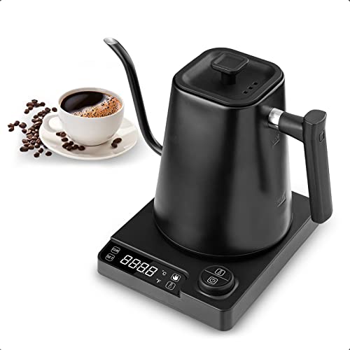 Fityou Hervidor EléCtrico de Cuello de Cisne, control de temperatura, 1-24H mantiene el calor, calentamiento rápido, 1L, 1200W, digitales LED mostrar, para café y té de especialidad, negro mate