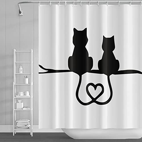 SDOTPMT 165x183cm Animal Silueta Cortina de Ducha Negro Gato Pareja Lindo Caricatura Mascota Corazón Forma Cortina de baño Blanco Cortina bañera para niños Baño Tela Poliéster con Ganchos