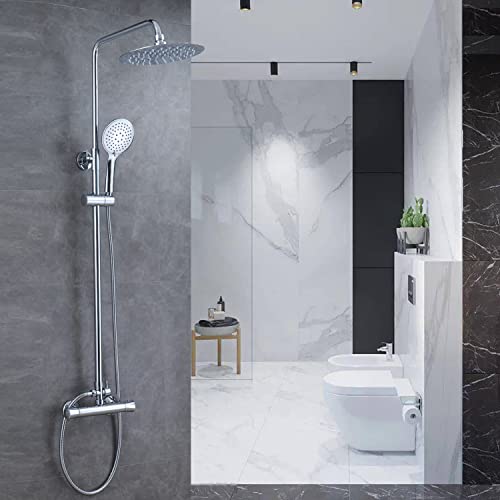 Aica Columna de ducha termostática, longitud extendible de 85~125cm, Alcachofa Redonda de acero inoxidable, en Cromo Plata Brillante, Ducha Lluvia 38℃, Bañera y Baño