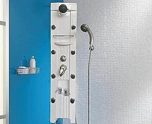 Panel de ducha hidromasaje para rincon con 3 funciones, 6 salidas de agua a presion, 2 jaboneras integradas, flexo y mango de ducha