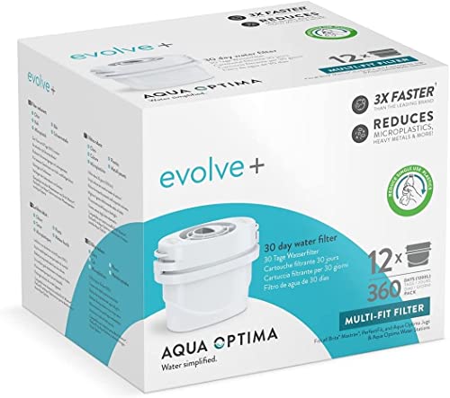 Cartucho de filtro de agua Aqua Optima - Evolve+ paquete de 12 (suministro para 12 meses), sistema de filtración en 5 etapas que reduce el cloro, compatible con las jarras de agua Brita y PerfectFit