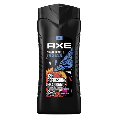 Axe Gel de ducha XL Skateboard & Fresh Roses 3 en 1 para hombre, cuerpo Hair Face 12 horas de aroma fresco a base de plantas (1 x 400 ml)