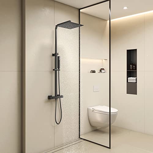 KOMIRO Columna de ducha negra, columna de ducha con mezclador de ducha termostática,alta presión ducha y ducha de cabeza 25x25 cm, sistema de ducha