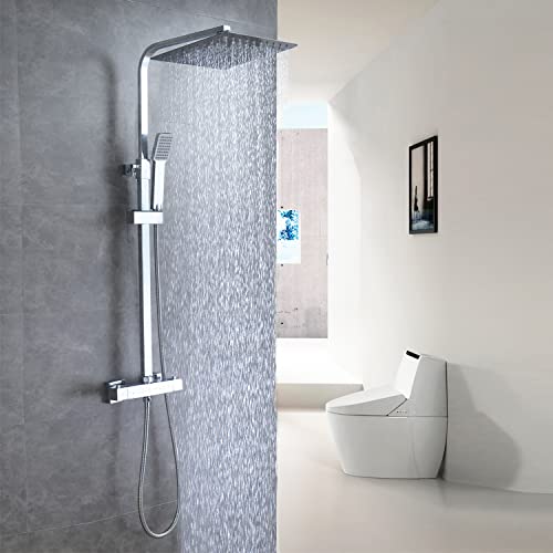 Aica Columna de ducha de color cromado con termostato Conjunta de ducha con ducha fija y teleducha Sistema de ducha de mano, la barra de ducha de altura ajustsable 80-120 centímetros