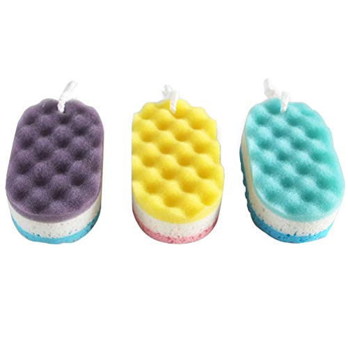 Healifty Esponja de baño exfoliante para masaje, esponjas de fregar el cuerpo con cuerda para colgar para mujeres y hombres, 3 piezas