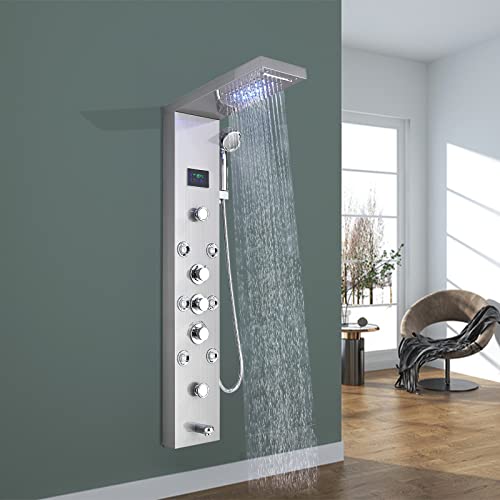 Onyzpily Panel de ducha de lluvia de acero inoxidable con 6 boquillas de masaje, sistema de ducha, columna de ducha, grifo de cascada, con pantalla de temperatura, sistema de ducha de níquel cepillado