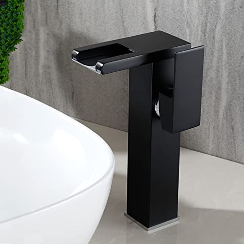 ZYCDP Grifo Lavabo Cascada con Led, Grifo Mezclador Agua Fría Y Caliente, Grifo de Lavabo con 3 Colores Cambiantes, Grifos de Lavabo Cascada Mezclador Monomando, negro, Alto