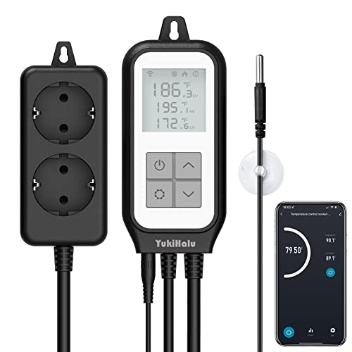 YukiHalu WiFi Termostato Digital con Sonda, App Control Remoto, Alexa/Google Assist, Controlador de Temperatura de 2 Salidas con Calefacción y Refrigeración, para Acuarios Reptiles, Cerveza Casera