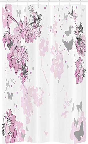 ABAKUHAUS Flor de la Almendra Cortina para baño, Esquema de Primavera Motif, Tela con Estampa Digital Apta Lavadora Incluye Ganchos, 120 x 180 cm, Rosa y Negro