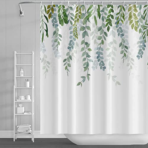 MIRRORANG Cortina de ducha para baño, juego de cortina para ducha de tela impermeable, secado rápido, 12 ganchos, diseño salvia verde, 183 x 183 cm