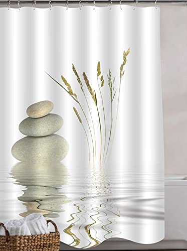 Cortina de ducha para decoración de baño de spa asiático, piedras de guijarros grises naturales, equilibrio con hierba silvestre sobre el estanque, agua ondulada, baño de 72 x 72 pulgadas