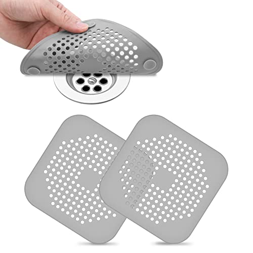 Flintronic 2PCS Coladores de Drenaje de Silicona, Cubierta de Desagüe de Ducha, Tapón de Filtro Protector de Colator de Fregadero Plegable con Ventosa Fuerte para Bañera, Baño, Cocina-Gris