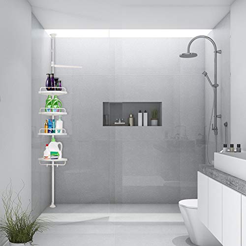 XUANYU Estanterias de baño sin Taladros, Estante de Esquina telescópico 254-304 cm, Estanteria de Ducha de Acero Inoxidable + Plástico, 4 Capas, Beige (Blanco)