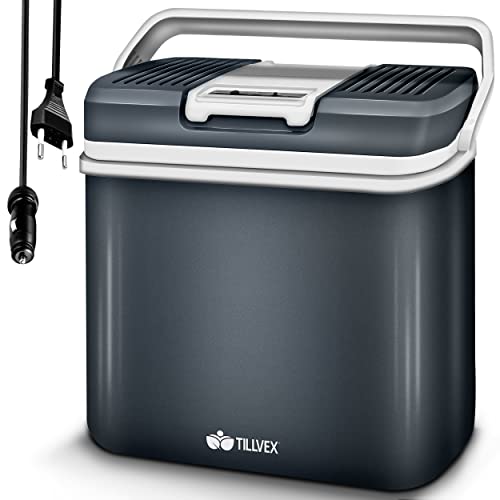 tillvex Nevera portátil eléctrica de 24 litros | Mini nevera portátil de 230 V y 12 V para vehículos coches camping | Enfría y calienta | Modo ecológico (Gris)