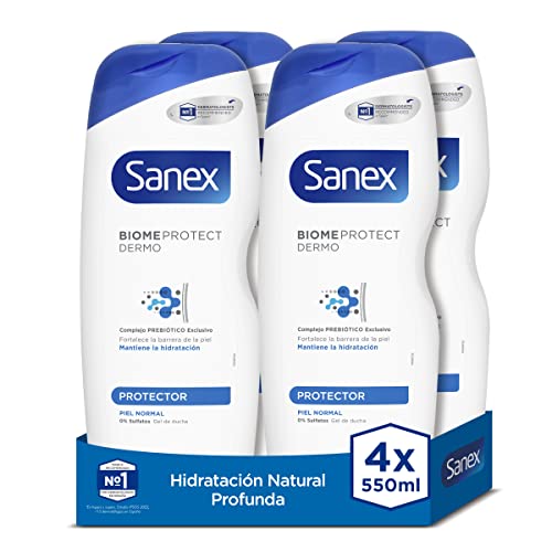 Sanex Biomeprotect Dermo Protector, Gel de Ducha o Baño, Piel Normal, con Prebiótico, Combate las Bacterias, Pack 4 Uds x 550ml