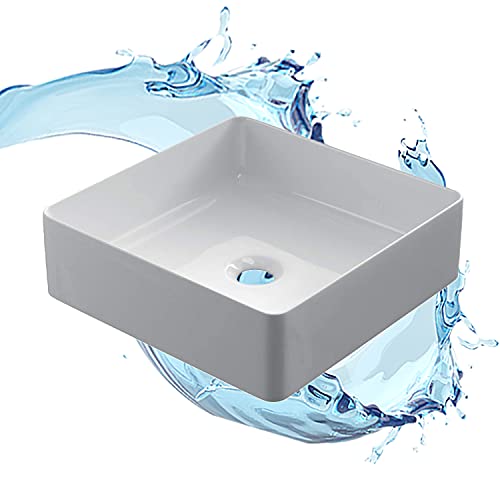 STARBATH PLUS - Lavabo sobre encimera rectangular blanco sin taladro grifo - Encimera baño - Lavabo sobre encimera cerámica - 38 x 38 x 14 cm