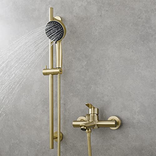Jings Grifo de ducha dorado cepillado con barra deslizante, grifo de bañera montado en la pared de altura ajustable, grifo de bañera con ducha de mano, grifo mezclador de bañera