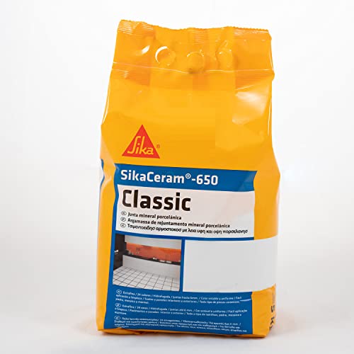 SikaCeram-650 Classic, Cemento, Junta mineral porcelánica, Lechada de cemento coloreada para relleno de juntas de 1-6 mm en paramentos y pavimentos interiores y exteriores, 5 kg