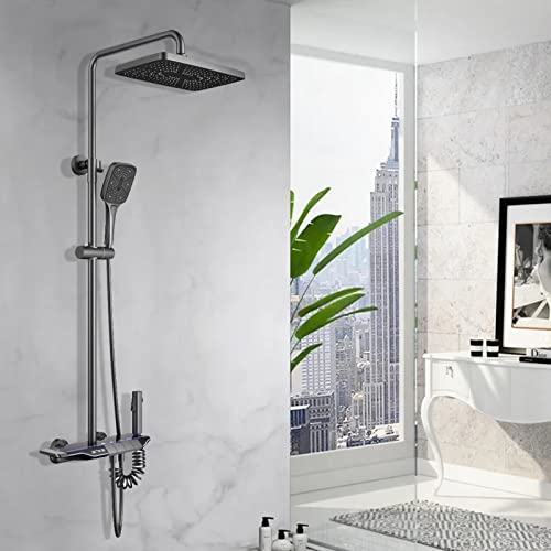 Yalsfowe Sistema de ducha con termostático, juego de grifo de ducha LED, teclas de piano, pantalla de temperatura, cabezal de ducha, ducha de mano, grifo de bañera, ducha de bidé, gris pistola