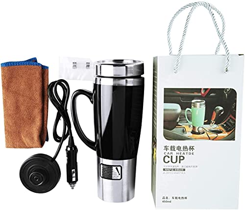 Hervidor de agua para coche de 12 V, taza eléctrica para coche con aislamiento de agua de 450 ml, taza de viaje para calefacción de coche para café/leche/té caliente(Negro)