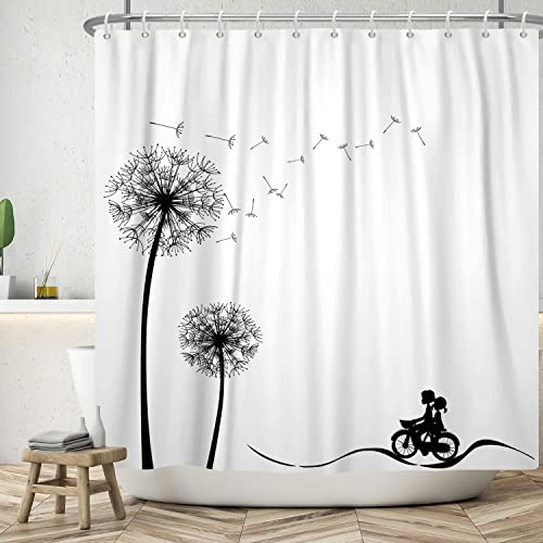 Ttincceer 180x200cm Diente de león Cortina de Ducha Negro Blanco Diente de león Planta Cortina de baño Joven Pareja Ciclismo Silueta Cortinas de Ducha Simple Moderno Impermeable bañera Cortina