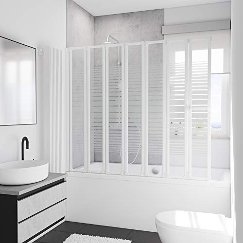 Schulte mampara ducha para bañera 159 x 140 cm, montaje reversible izquierda derecha, 7 hojas plegables, perfil blanco y vidrio con serigrafía D1327-F 04 72
