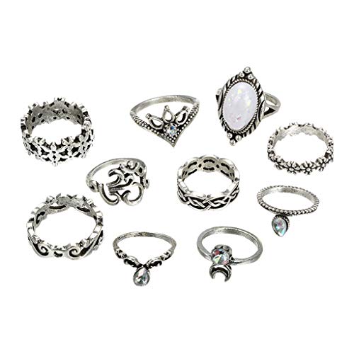 Clicitina 10 unids/Set de Anillos Apilados por Encima de los Anillos, Conjunto de Plata Azul para Mujer, Anillos de nudillo Vintage Ansiedad Equipo (Multicolor, One Size)