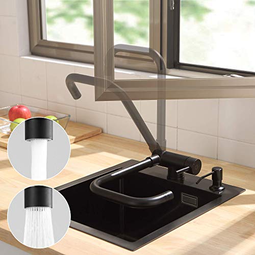 CECIPA Grifo Cocina Negro Abatible 180° Grifo Plegable Cocina Negro con 2 Tipos Chorros Agua Grifo Cocina Fregadero Giratorio de 360​​° Grifo Ventana Plegable Grifo Fregadero Abatible Negro