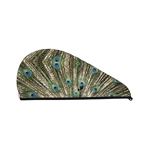 RVENU The Peacock - Toalla de secado de cabello con estampado de pavo real, ultra absorbente, terciopelo coral, gorro de ducha de secado rápido