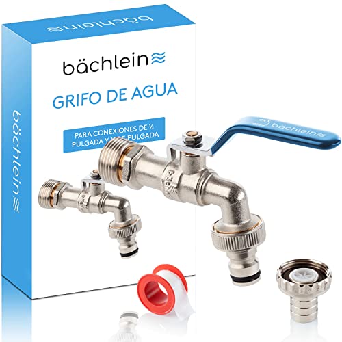 Grifo Universal Bächlein para el Jardín, Azul, Incluye 2 conexiones de Manguera, Válvula de Bola con Conexión de 1/2 y 3/4 de Pulgada, Grifo de Salida Exterior